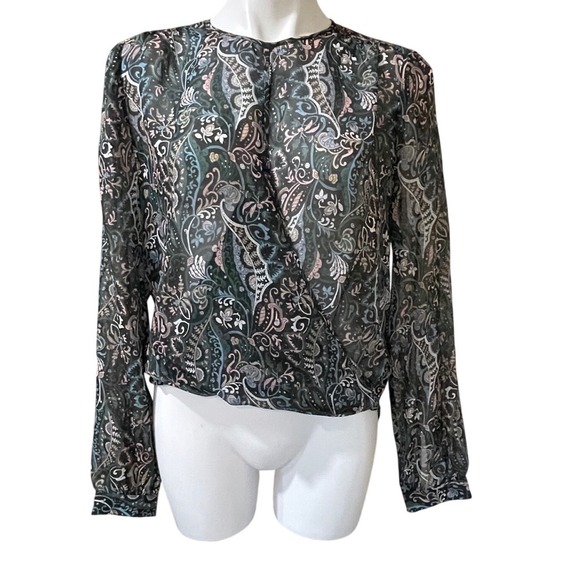 Veronica Beard Tops - Veronica Beard 100% Silk Paisley Faux Wrap Blouse Sheer Long Sleeve Black Size 4